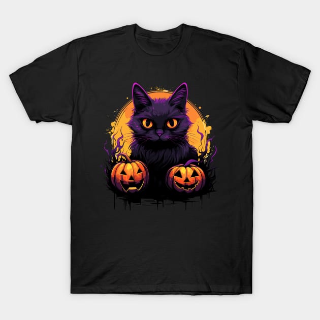 Cartoon Halloween Black Cat with Pumpkins T-Shirt by InkInspire